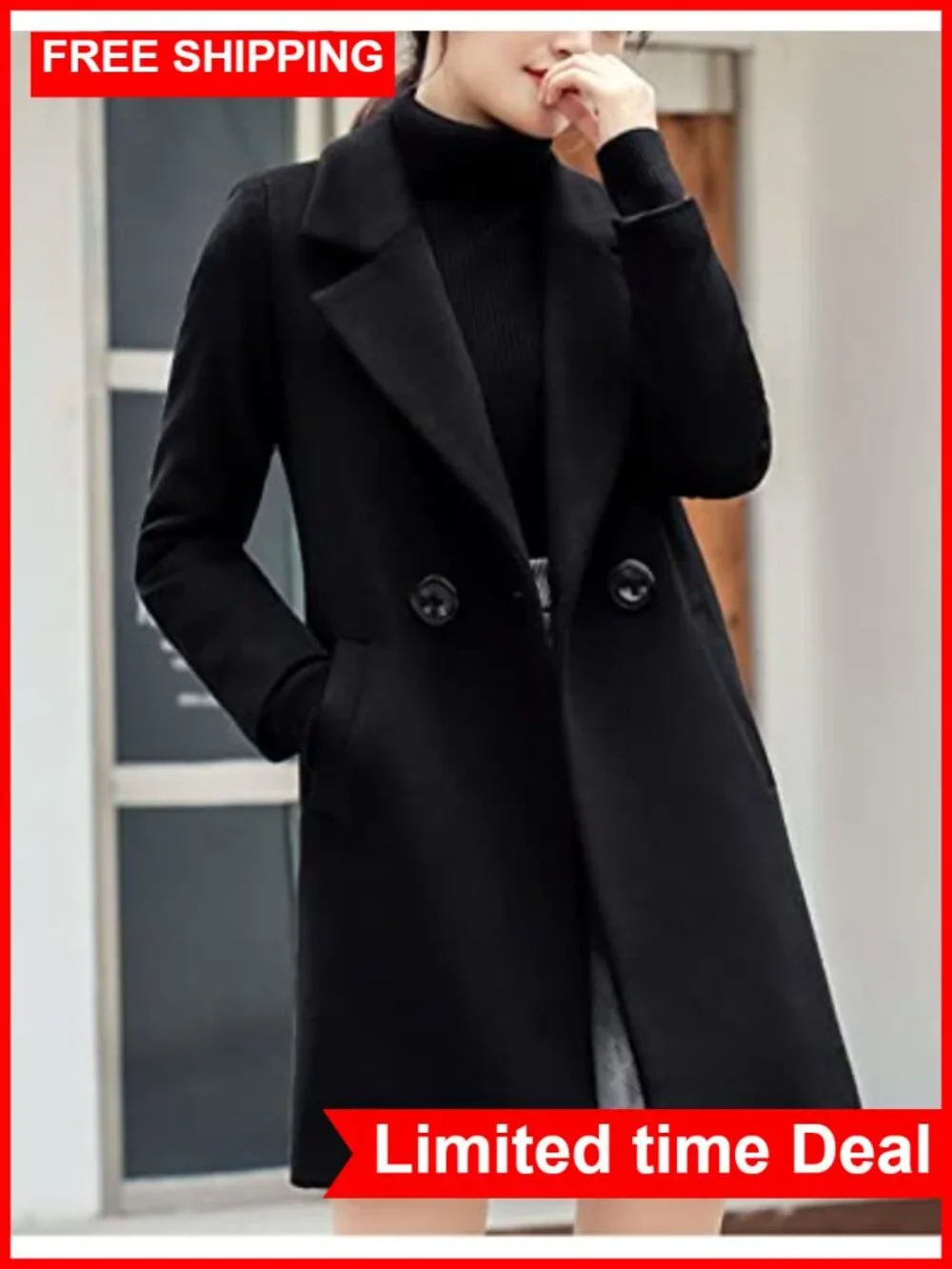 Wool Cotton Blend Pea Coat Long Notch Lapel Double Breasted
